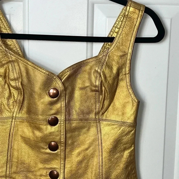 FREE PEOPLE 100% LEATHER MINI DRESS GOLD IN COLOR SIZE 2 - Picture 3 of 11